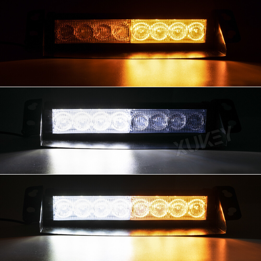White Amber 8LED Windshield Strobe Light Bar Interior Flash Emergency Warning