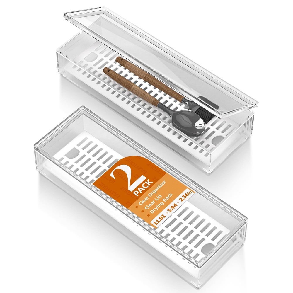 2 Pack Clear Silverware organizer with lid, Plastic Flatware Storage Box, Kit...