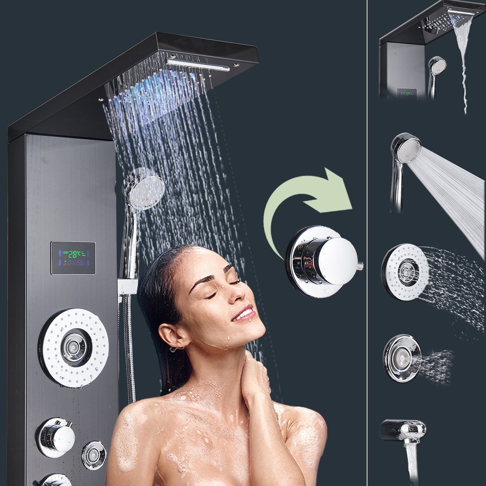 Black Shower Panel Tower System LED Rain&Waterfall Head Combo Massage Jets Mixer
