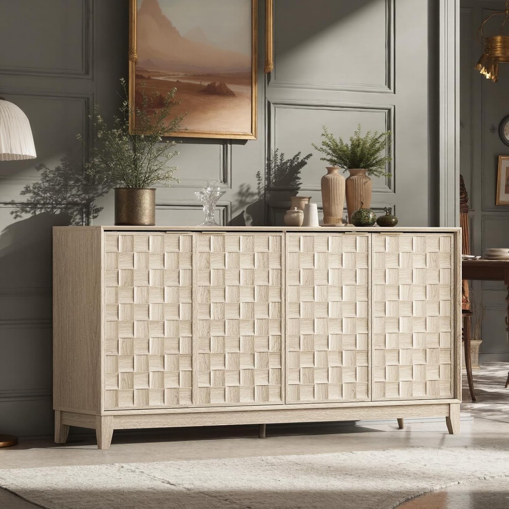 Fluted Sideboard Cabinet with Storage – Solid Wood Buffet for Dining Room Cre...