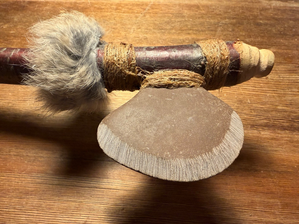 Stone Tomahawk, Handmade, Indian Style, Cherry Handle, Stone Head, Rabbit Fur