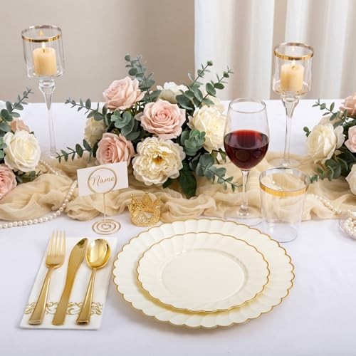Scalloped Plastic Plates - Gold Disposable Dinnerware Set Include 175PCS Ivory