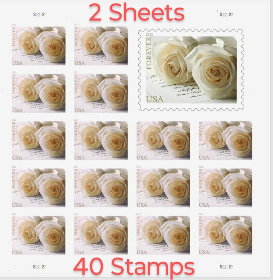 4 Sheets 80 FOREVER STAMPS White Rose Wedding
