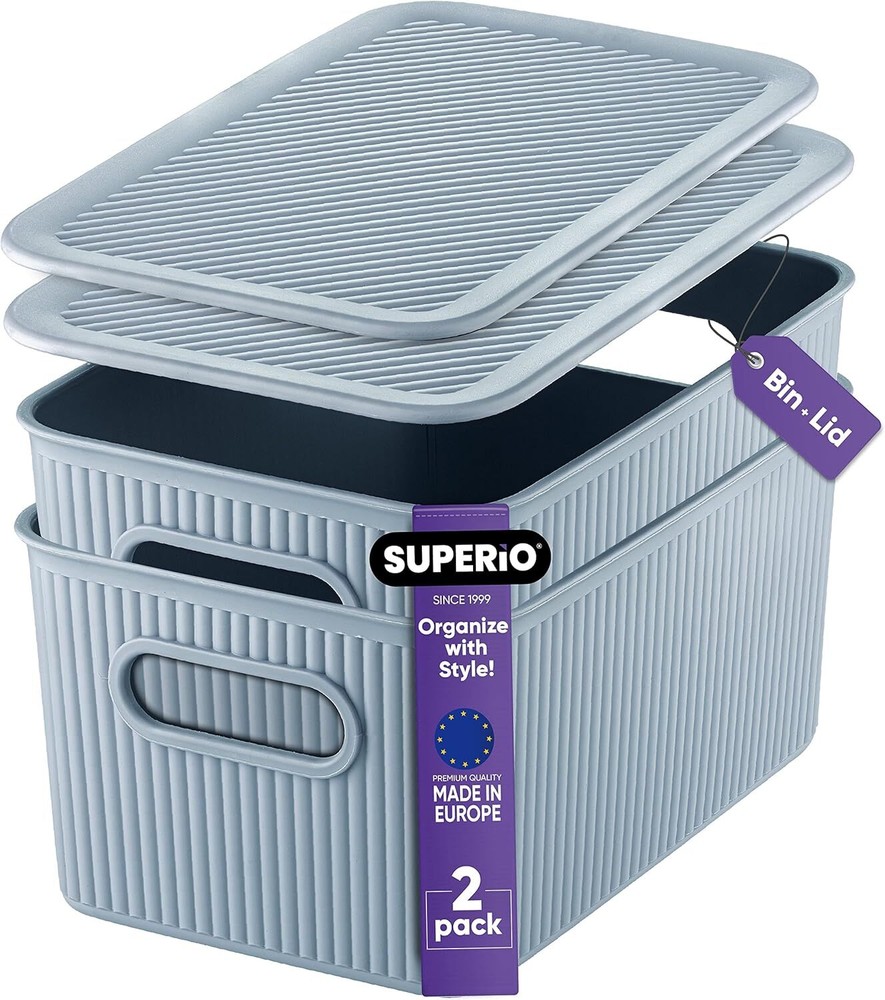Superio Ribbed Plastic Lidded Storage Bin, Medium Blue (2 Pack, 5 Liter)