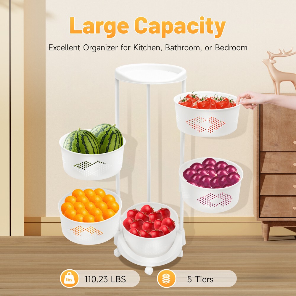 5-Tier Rotating Storage Shelf Kitchen Fruit Storage Basket Rack w/ Wheel