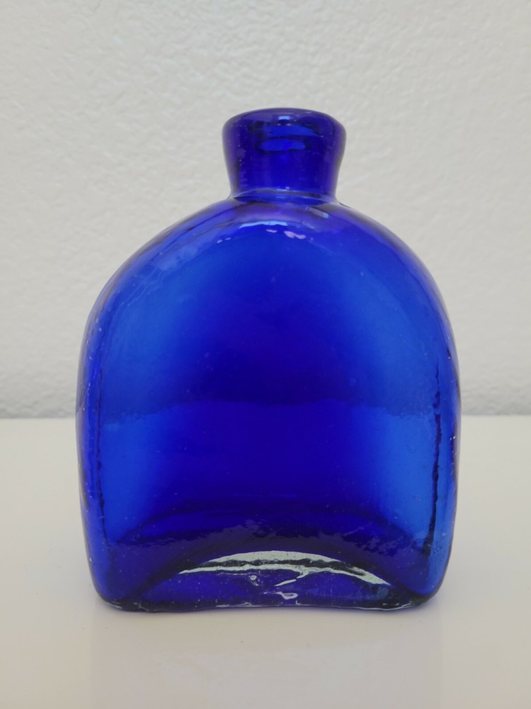 COBALT BLUE BLENKO HANDBLOWN GLASS RECTANGULAR BOTTLE 5.25 INCHES