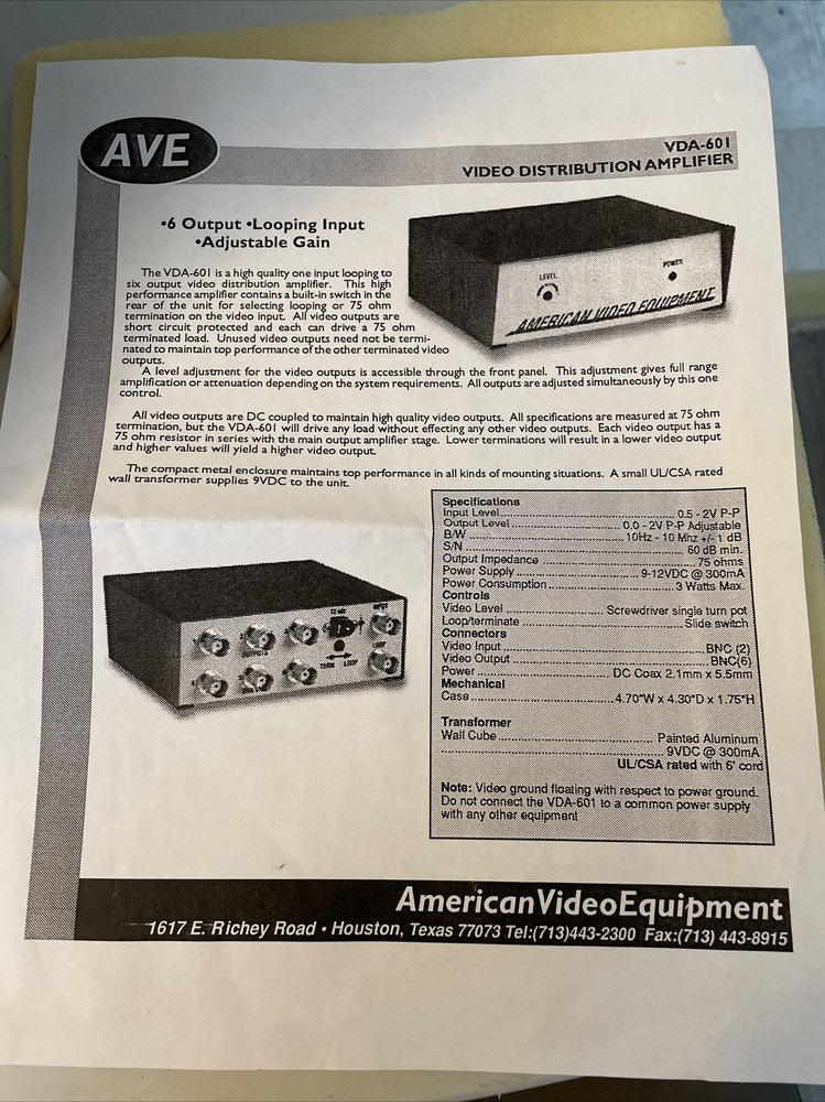 American Video Equipment AVE Video Distribution Amplifier VDA-601 6 Output Loop