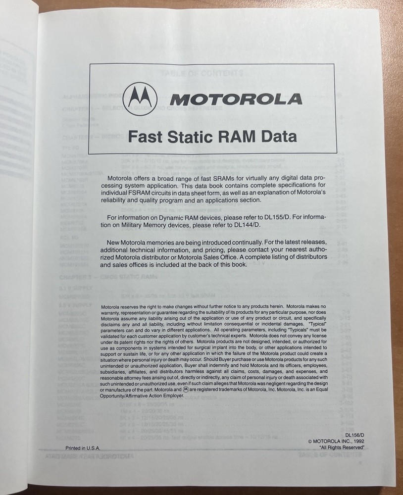 MOTOROLA Fast Static RAM BiCMOS, CMOS AND Module Data 1992 TPB DL 156/D