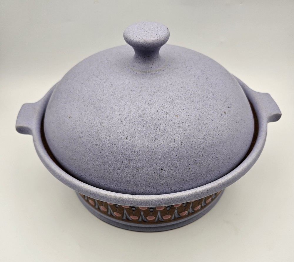Signed Studio Pottery Dish w/ Lid ~ Unique Lavender Handled Dish & Dome Lid DWL