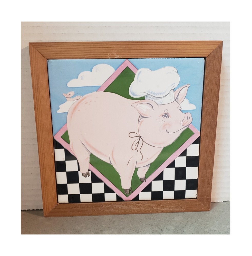 Vintage 80s Chef Pig Framed Ceramic Tile