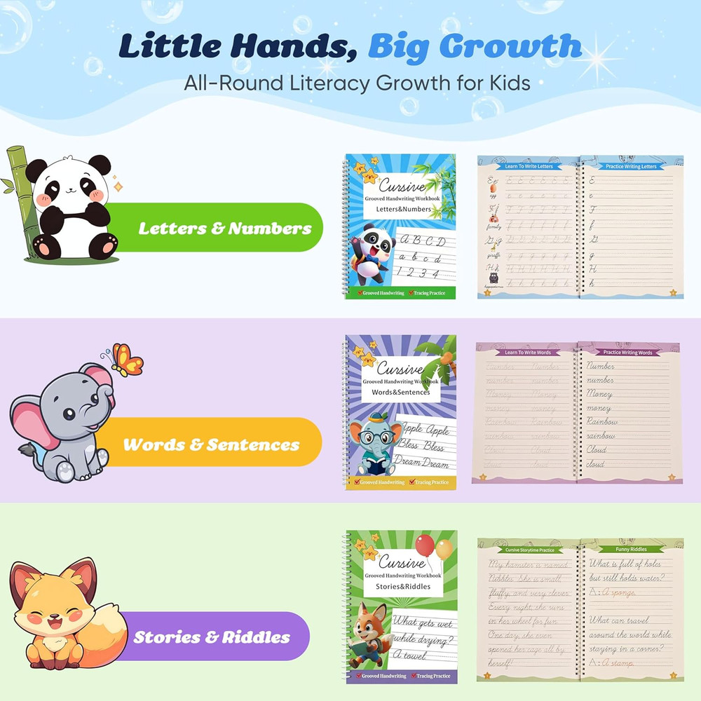 3 Pack Grooved Cursive Handwriting Workbooks - Magic Ink Disappearing Cursive Tr