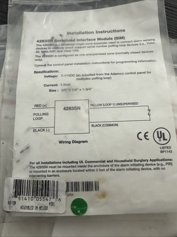 Ademco 4293SN Serialized Interface Module (SIM)