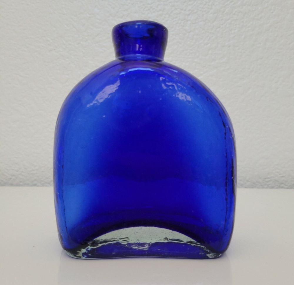 COBALT BLUE BLENKO HANDBLOWN GLASS RECTANGULAR BOTTLE 5.25 INCHES
