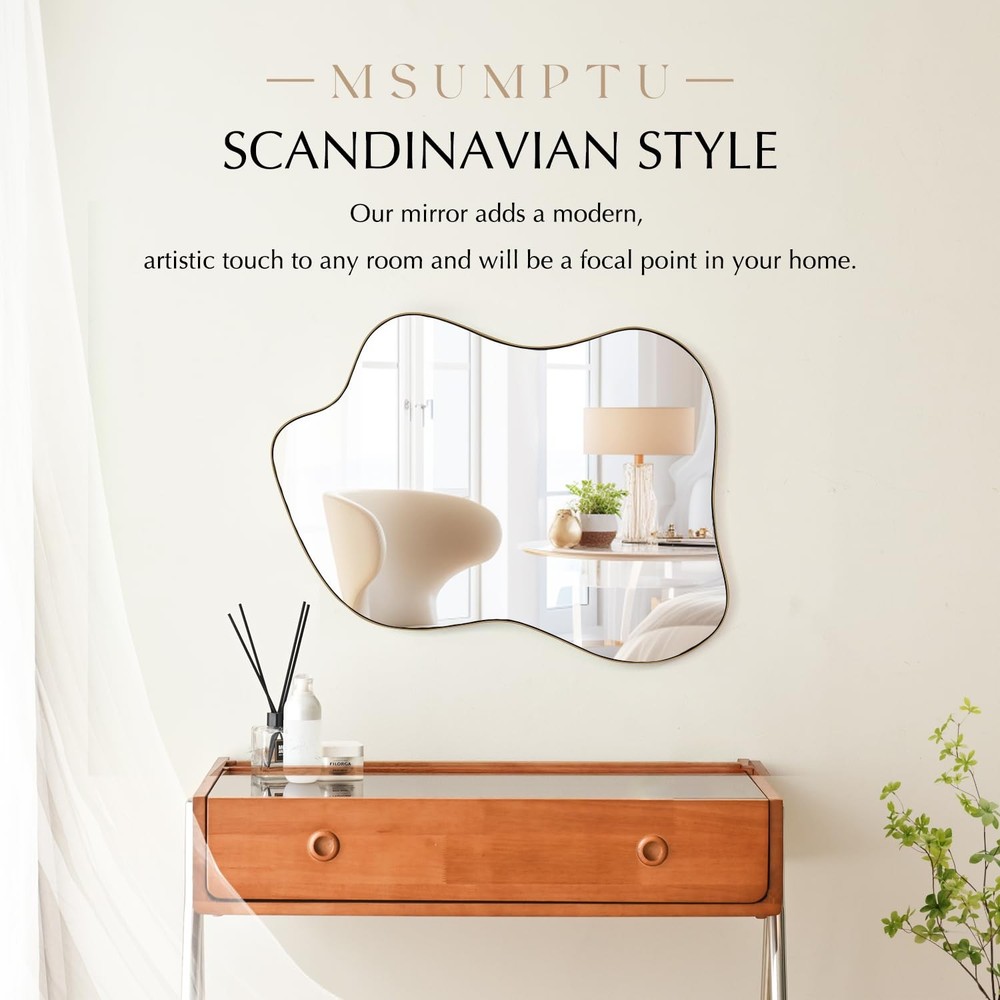 Irregular Wall Mirror Brass Wave Shaped Metal Framed Wall Mirror for Bathroom...