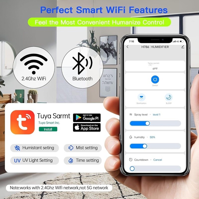 Smart App Control Humidifier 8L Capacity Essential Oil Diffuser 360° Nozzle New