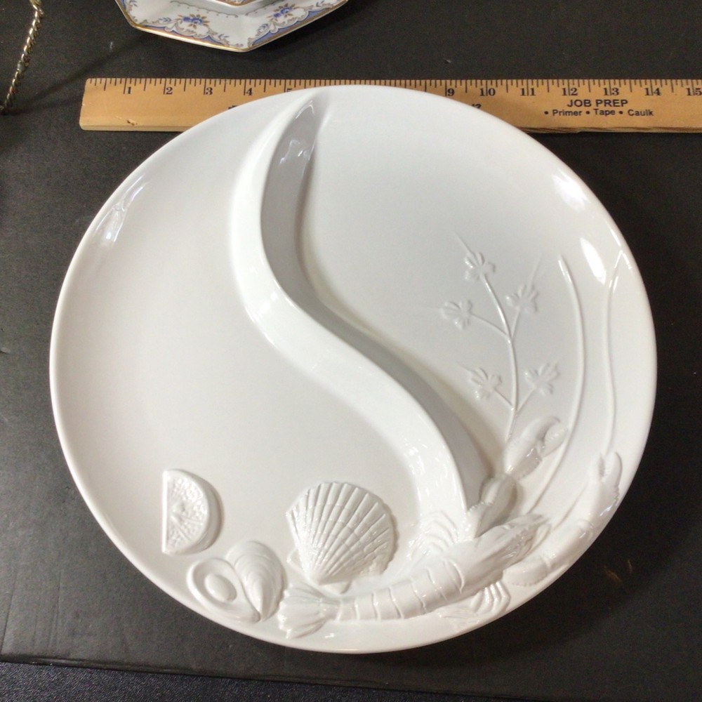 Elements White Ceramic Divided Platter with Seafood Motif