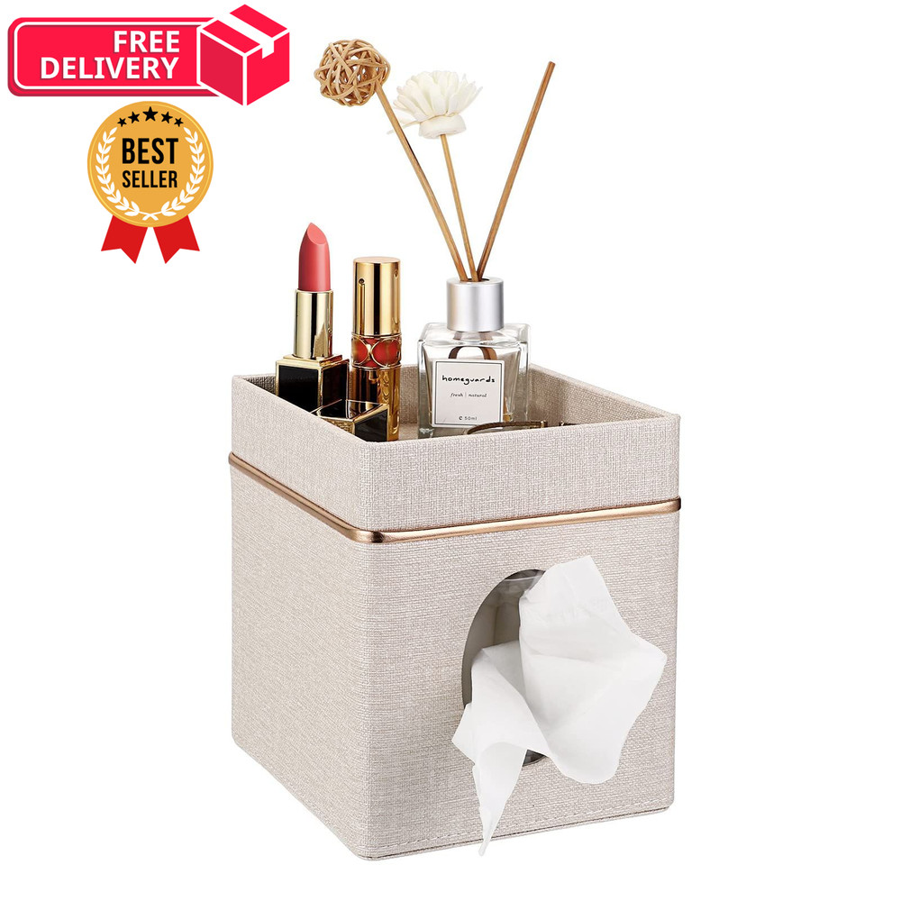 Sumnacon Linen Square Tissue Box Cover - Decorative Cube Beige