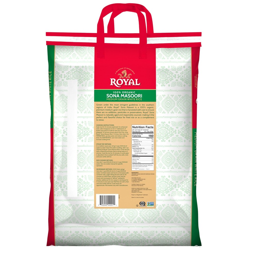 Royal Organic Sona Moasoori Medium Grain White Rice, 20 lbs