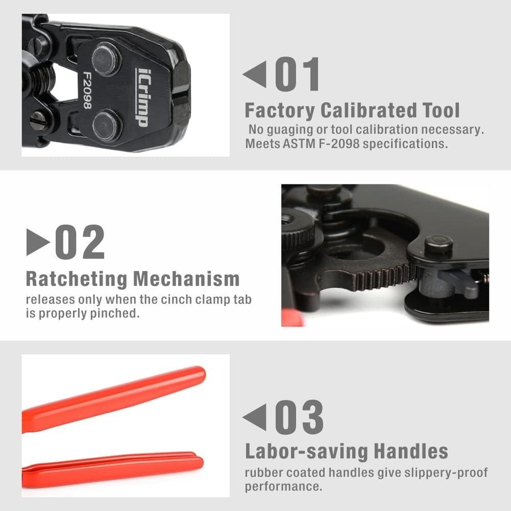 Multi-Size Ratcheting PEX Clamp Tool with Ergonomic Handle for Easy Crimping