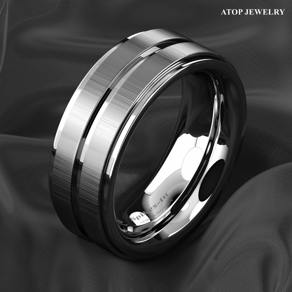 8Mm Silver Tungsten Carbide Ring Two Vertical Brushed Meteorite wedding band