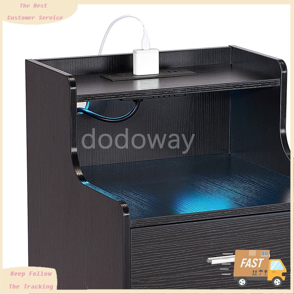 2 Set Black Bedside Table Nightstand End Side Table With USB Charging Station