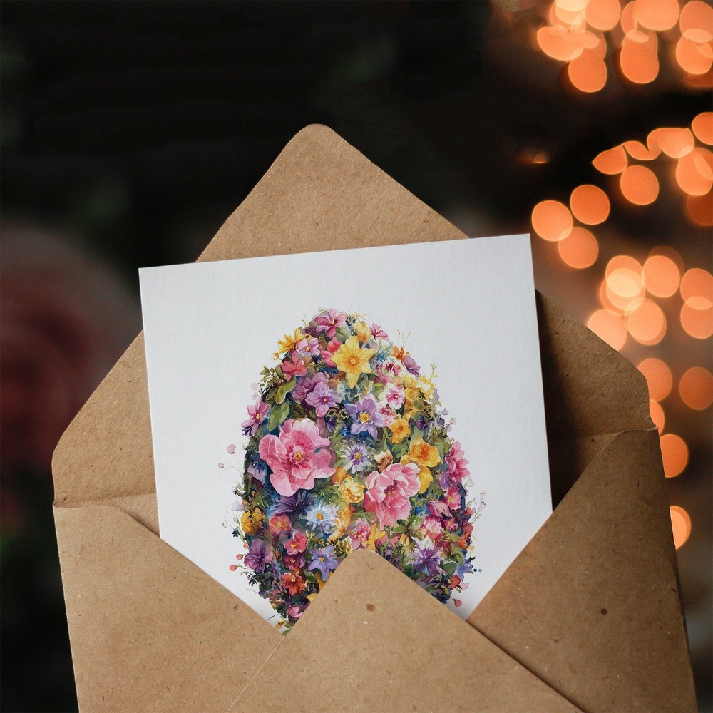 Happy Easter Greeting Card – Watercolour Floral Egg, Blank Inside