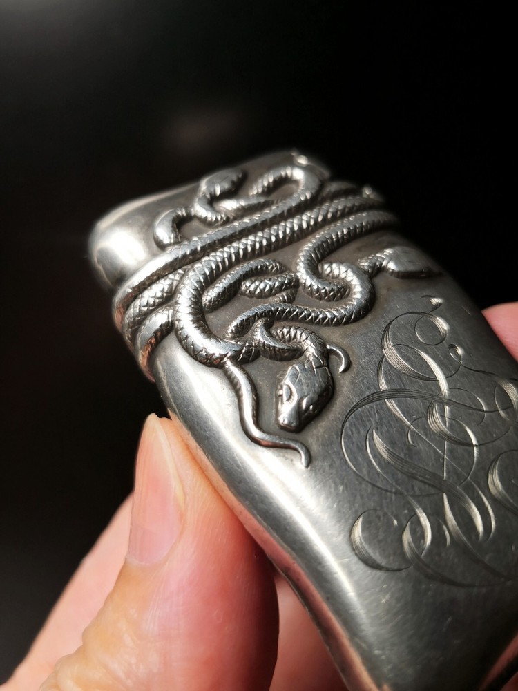Superior Antique Coiled Snake Silver Match Safe / Vesta Case