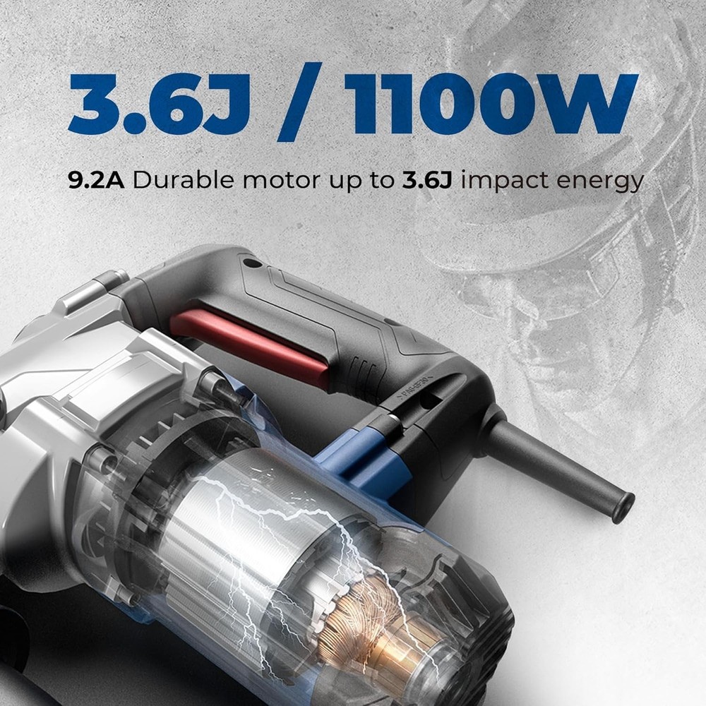 Powerful 9.2 Amp Rotary Hammer Drill with Adjustable Handle, 3 Drill Bits