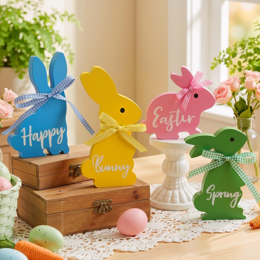 Olanrun Easter Decor, 4 Pcs Bunny Spring Green, Pink, Blue, Yellow