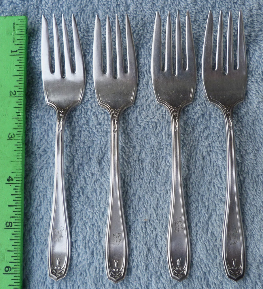 1881 Rogers A1 Silverplate Chippendale Pattern set: 4 Salad Forks w/monogram: M