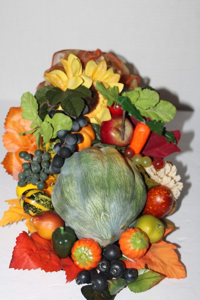 Cornucopia in Wicker Basket with Artificial Fall Thanksgiving Flowers