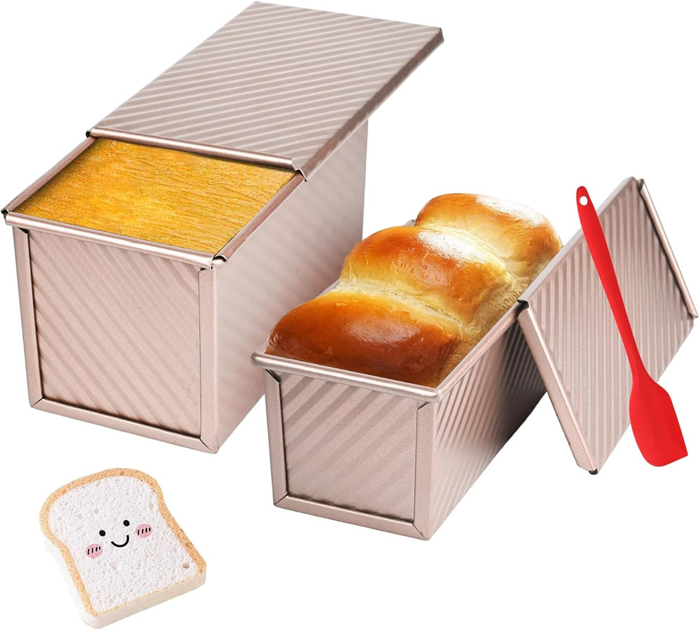 2 Pack Pullman Loaf Pans Lids Corrugated Nonstick Carbon Steel Bread Pan