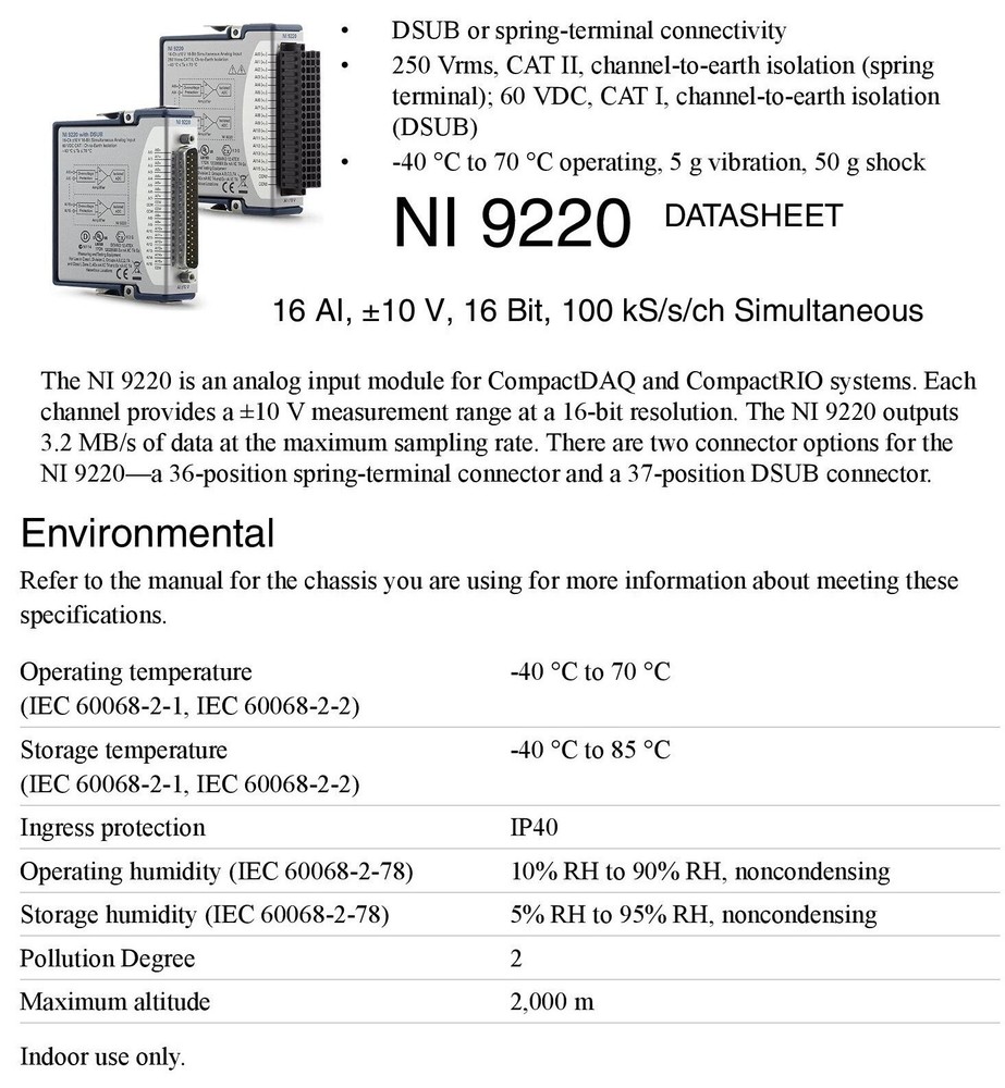 NI 9220 16 AI ±10 V 16 Bit 100 kS/s analog input module CompactDAQ DSUB
