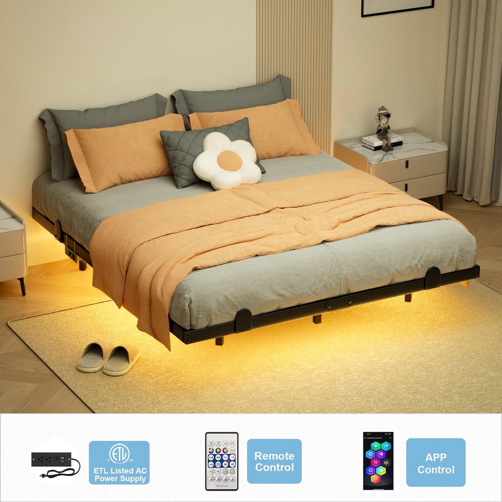 Floating Bed Frame Full Size with Smart LED Lights and Charging Station - Mod...