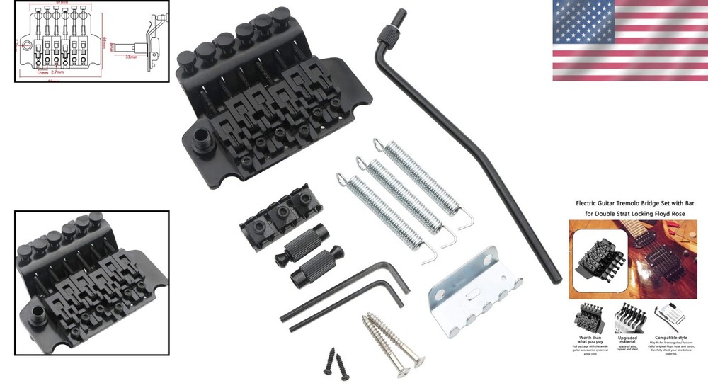 Black Double Locking Tremolo Bridge for Electric Guitars - Easy Install