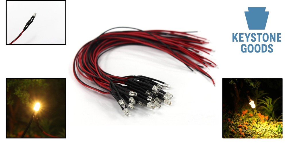 20 Pcs Warm White 3mm Pre-Wired LED Lights for Model Railroads & Projects