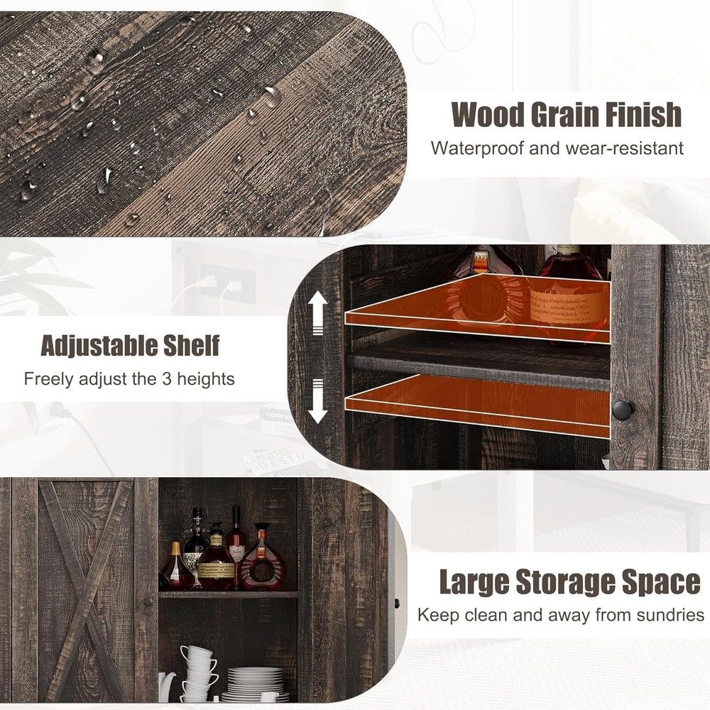 Farmhouse Sideboard Buffet Cabinet with Adjustable Shelf & 2 Barn Doors Kitchen