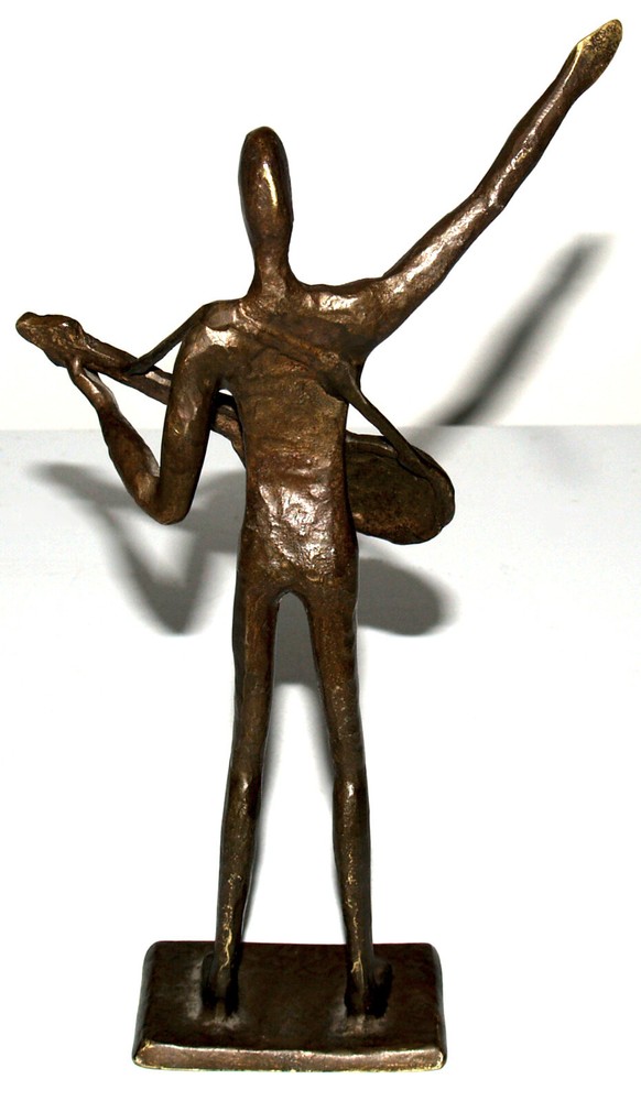 Solid Brass Brutalist Saluting Guitar Player Sculpture Figurine 10.5in