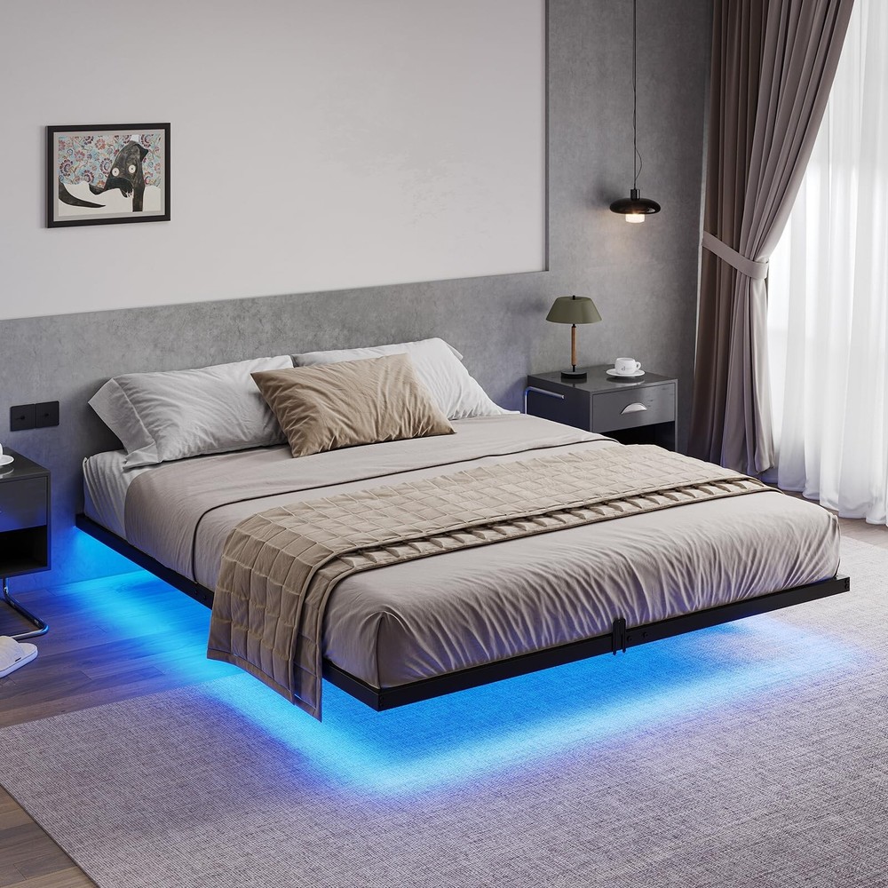 Floating Bed Frame Queen Size with LED Lights, Metal Platform Bed Frame, Black