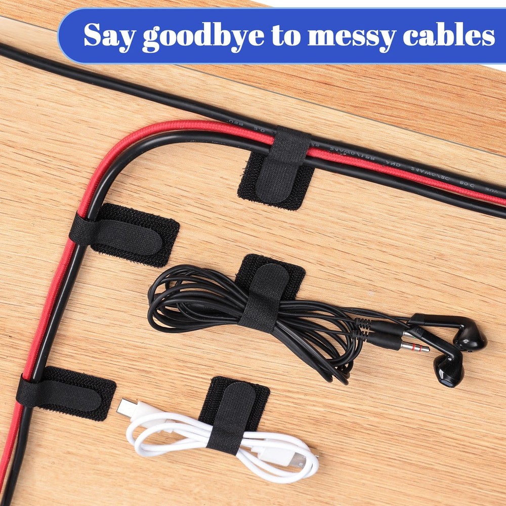 100 PCS Hook Loop Cable Ties - Self-Adhesive Adjustable Cord Organizers, Black