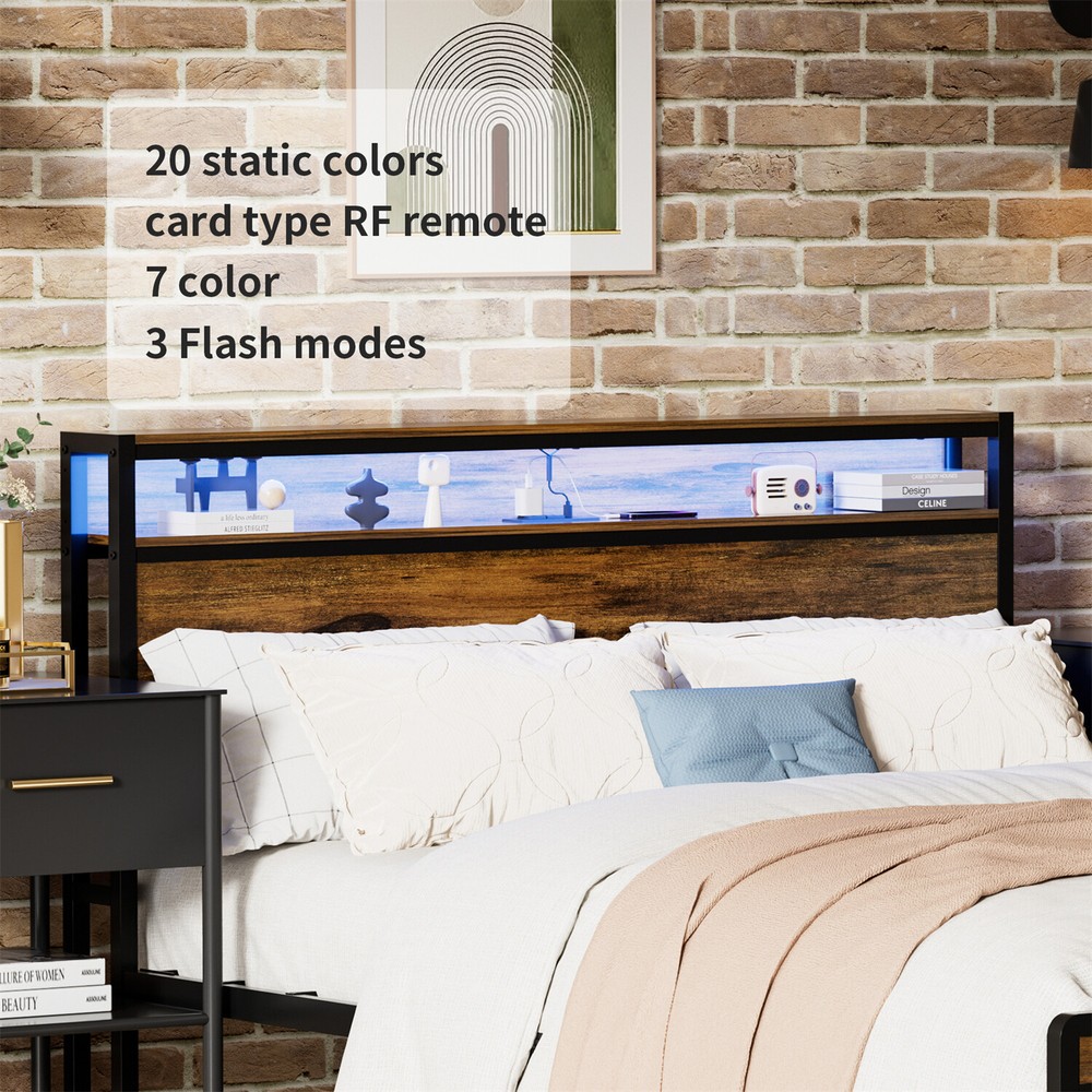 Queen Size Bed Frame Metal Platform Bed Frame w/ Storage Headboard & USB Port