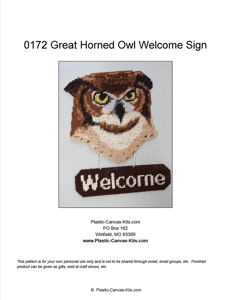 Great Horned Owl Welcome Sign- Plastic Canvas Pattern or Kit