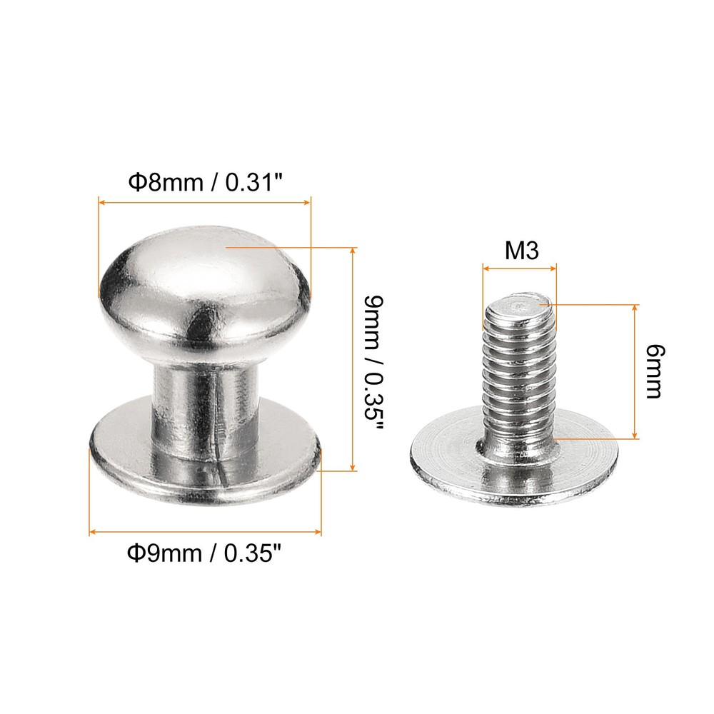 8mm Ball Head Stud Rivets Screw Back, 15Pack Round Head Button, Silver Tone