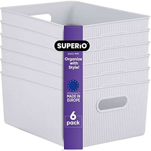 Superio 15L Medium Ribbed Storage Bin- Plastic Storage Bin  (6 Pack White Smoke)