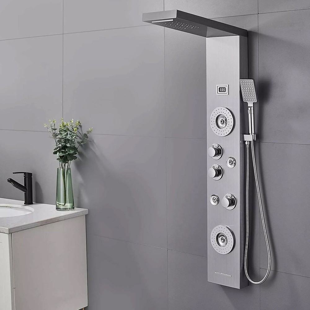 Brushed Shower Panel Tower System LED Rain Waterfall Head Combo Body Massage Jet