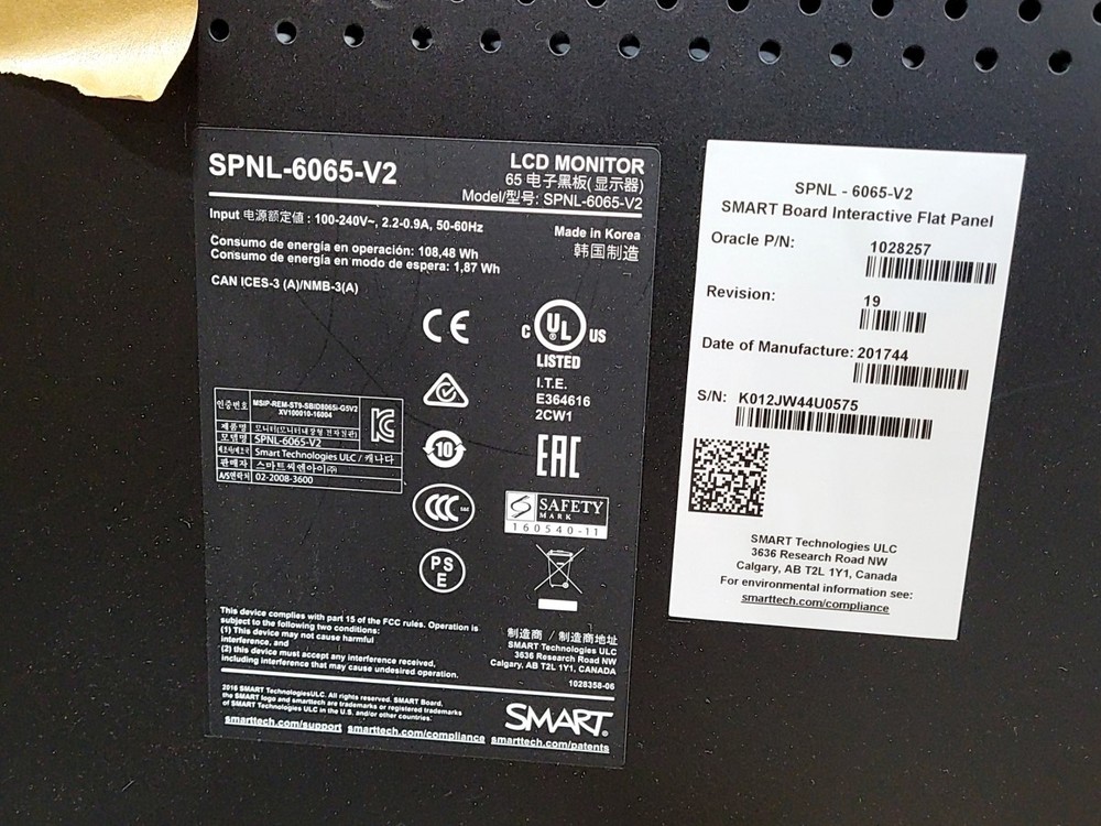 SMART SMARTBOARD SPNL-6065-V2 1028257 Touch Display Panel 75" SEE NOTES