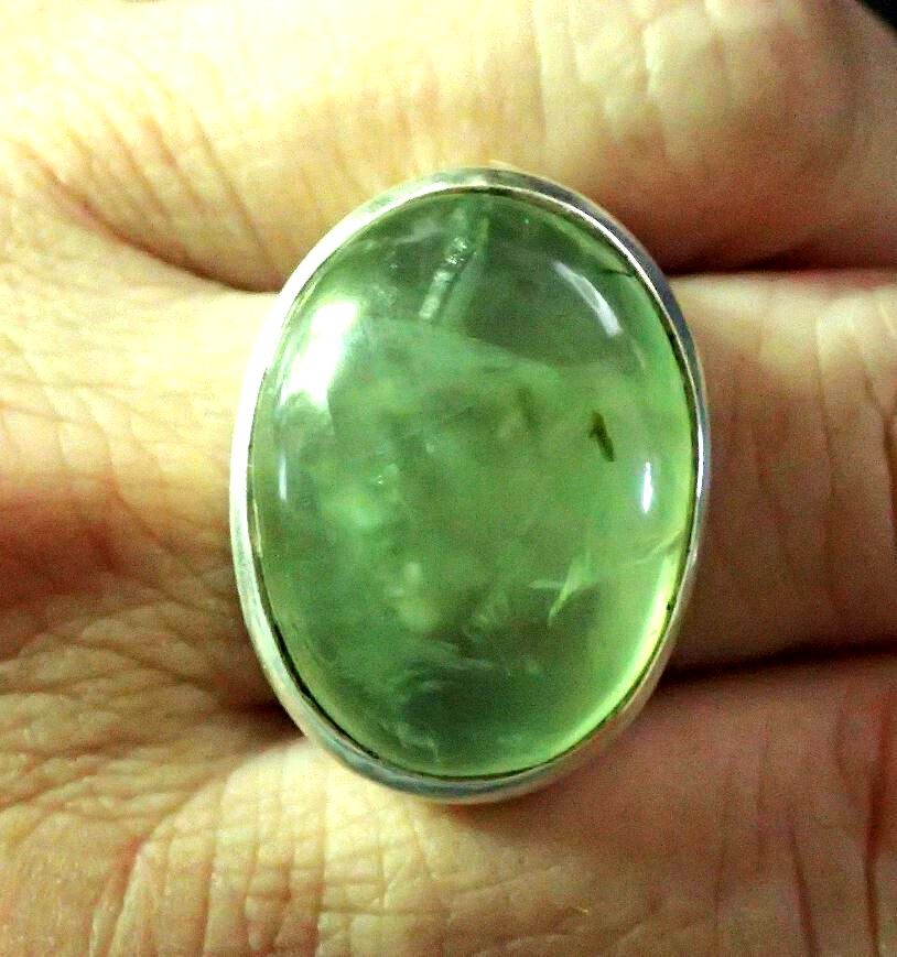 BIG Oval  Prehnite Solid Sterling Silver Ring sz 8.