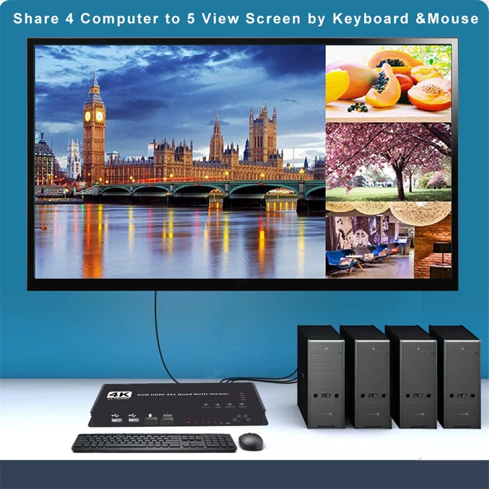 Hotkey 4K 4x1 KVM HDMI Quad Multi-Viewer Display Switch Vedio Wall Controller a