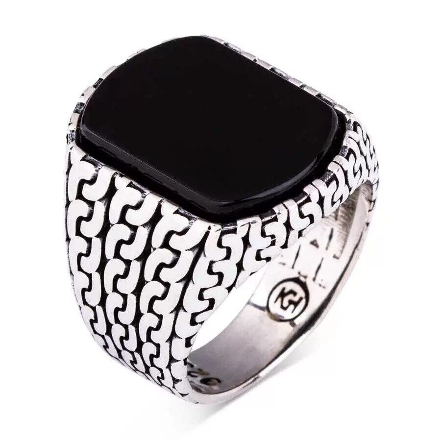 Cushion Shape Gemstone Black Onyx Solid Men's Ring 925 Sterling Silver