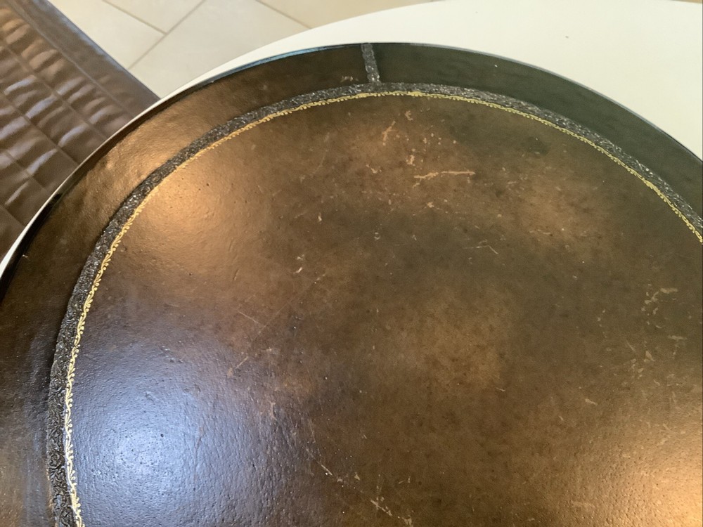 Vintage Tooled Leather Covered Table Top Or display Stand WOW